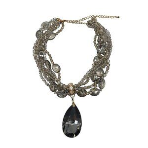 Elegant Multi-Strand Crystal Necklace Large Teardrop Pendant Adjustable Chain